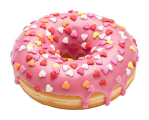 Delicious pink heart sprinkled donut bakery food sweet treat isolated on transparent background