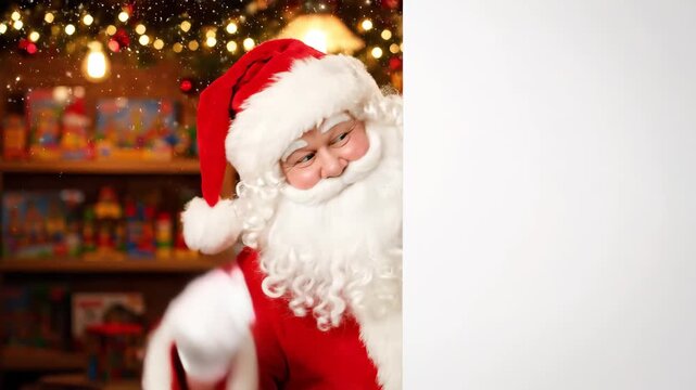 Santa Claus playfully peeks around a blank sign in a festive workshop, waving cheerfully, with colorful toys and twinkling lights in the background