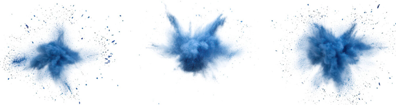 A dynamic display of blue powder explosions captured in a sequence. illustrating motion and energy against a white background. ideal for creative projects or visual effects