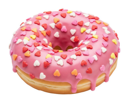 Delicious pink heart sprinkled donut bakery food sweet treat isolated on transparent background