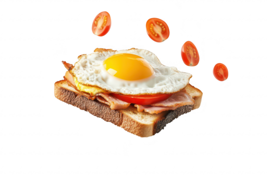 A delicious breakfast scene featuring a perfectly cooked fried egg on a slice of toasted bread topped with ham and fresh cherry tomatoes. set against a clean white background. ideal for culinary use
