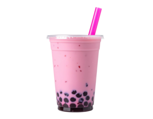Pink drink in clear cup with tapioca pearls and pink straw