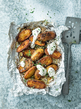 Ash baked potatoes, yoghurt
