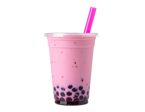 Pink drink in clear cup with tapioca pearls and pink straw