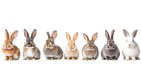 A diverse lineup of rabbits in various colors and breeds. their unique fur patterns and expressions. set against a clean white background. ideal for animal-themed projects or educational materials