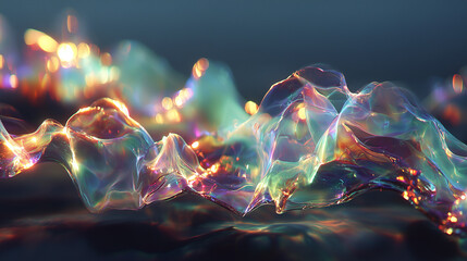 Naklejka premium Iridescent waves of transparent fabric with rainbow glow create an abstract composition of light and color. 