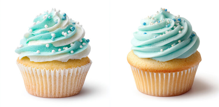 Vanilla cupcakes with light blue frosting and sprinkles