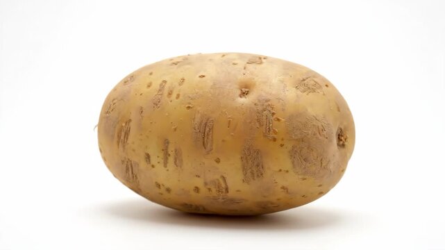 Single Raw Potato Rotating Slowly on a Clean White Background.