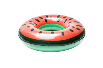 A watermelon-themed inflatable pool float resting on a clean white surface. ideal for summer fun and pool parties. its bright colors and playful design