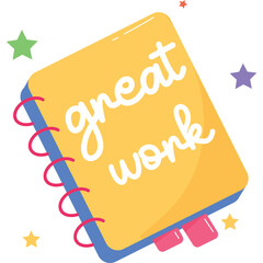 Yellow Spiral Notebook With Great Work Written In White Text Surrounded By Colorful Stars On Transparent Background