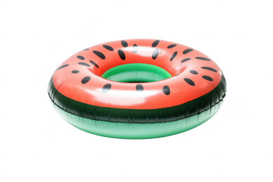 A watermelon-themed inflatable pool float resting on a clean white surface. ideal for summer fun and pool parties. its bright colors and playful design