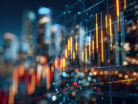 Dynamic financial chart analysis overlaying a blurred cityscape at night symbolizing modern investment trends and economic growth opportunities