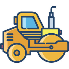 Yellow steamroller heavy construction machine with blue accents and a transparent background ideal for road work and civil engineering projects