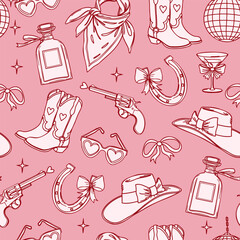 Seamless pattern with pink cowgirl party essentials background.