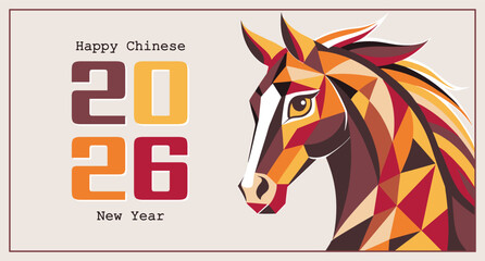 Happy Chinese New Year 2026 card with geometric horse. Festive banner.