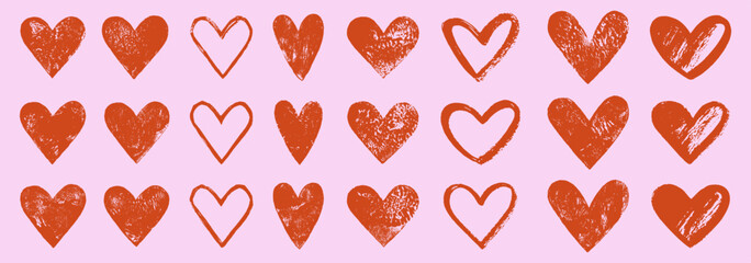 Hand printed linocut brush drawn hearts set. Textured grunge relief printing outline silhouettes shapes, rough aged texture. Lino ink grungy Valentine's day backgrounds, text frames, card templates.