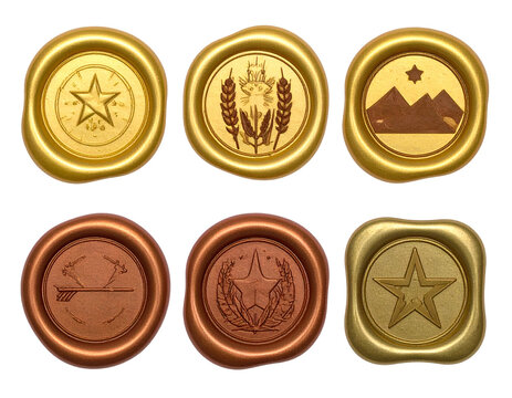 Six circular and square wax seals with embossed symbols in gold and bronze hues
