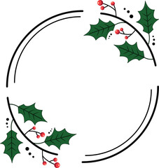 Christmas floral frame with a circle, round, or rectangle. Doodle-style wreath. Vector illustration for Christmas and wedding decor.