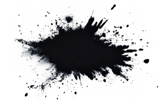 A dramatic black ink splash creates an abstract design on a white background. suggesting creativity and artistic expression. suitable for use in graphic design or advertising