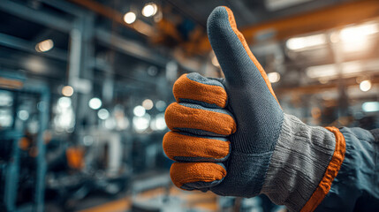 Industrial worker wearing protective gloves giving a thumbs up gesture in a busy factory environment with blurred machinery and bright lighting background