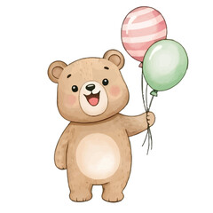 Surprised Little Bear Holding Party Balloons