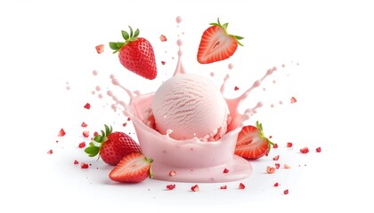 Strawberry fresh ice cream with splash milk and fresh strawberry slice