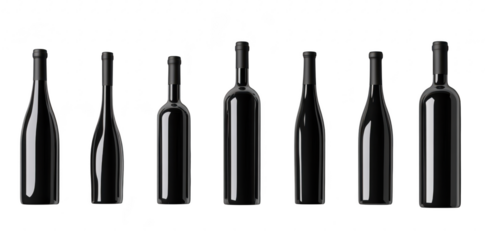 A sleek arrangement of black wine bottles displayed on a clean white surface. their elegant shapes and designs. ideal for marketing or product photography
