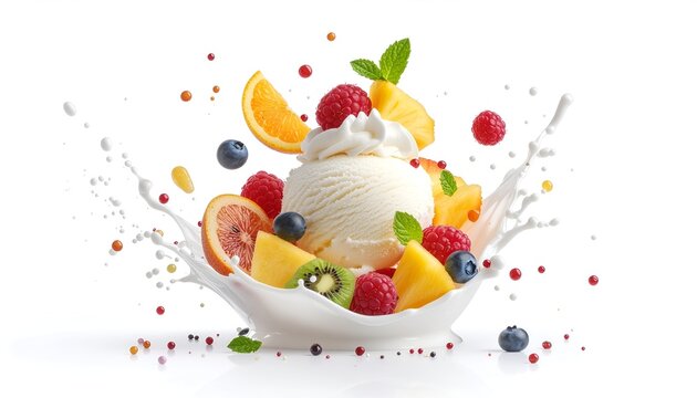 Ice cream with fruits and splash of milk, tutti fruti ice cream with fresh splash milk and fresh fruits on white background