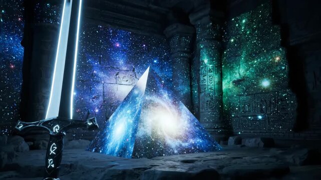 Glowing runic sword standing within an ancient temple, featuring cosmic energy radiating from a pyramid, symbolizing powerful magic, fantasy, and spirituality