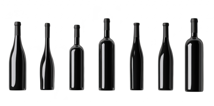 A sleek arrangement of black wine bottles displayed on a clean white surface. their elegant shapes and designs. ideal for marketing or product photography