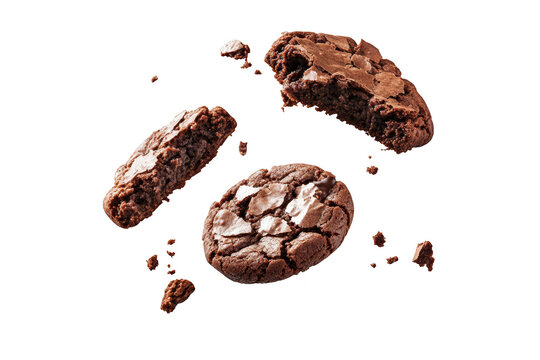 Delicious chocolate cookies floating in mid-air. their rich texture and cracked surface. ideal for dessert promotions or baking recipes. with a clean white background enhancing their appeal