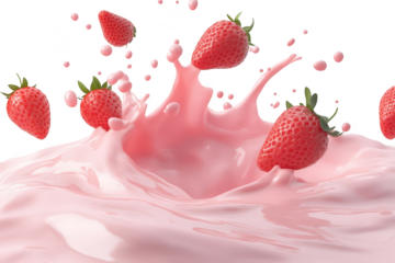 A dynamic splash of pink milk with fresh strawberries flying through the air. creating an energetic scene that captures the essence of freshness. ideal for food-related content