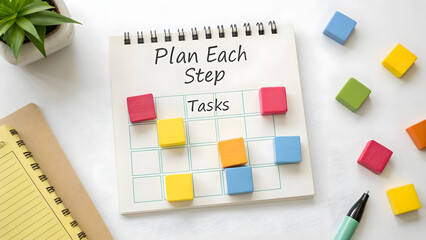 A notebook with colorful cubes representing tasks and planning