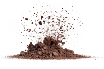 A dynamic explosion of chocolate powder creating a cloud of fine particles against a clean white background. ideal for culinary. baking. or dessert-related imagery