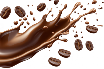 A dynamic splash of rich chocolate sauce with coffee beans scattered around. creating an enticing dessert scene. perfect for culinary promotions and food-related content