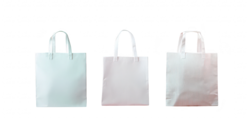 Three minimalist shopping bags in varying shades of white arranged against a soft pink background. suggesting a modern retail environment ideal for promotional use
