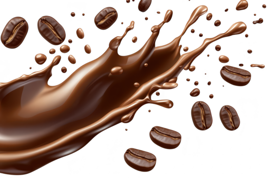 A dynamic splash of rich chocolate sauce with coffee beans scattered around. creating an enticing dessert scene. perfect for culinary promotions and food-related content