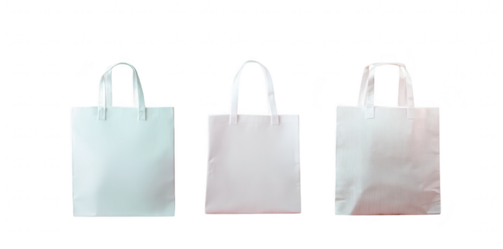 Three minimalist shopping bags in varying shades of white arranged against a soft pink background. suggesting a modern retail environment ideal for promotional use