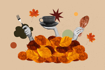 Banner 3d art pop image collage of human hands hold fork coffee cup roasted turkey peek dry foliage autumn leaves thanksgiving