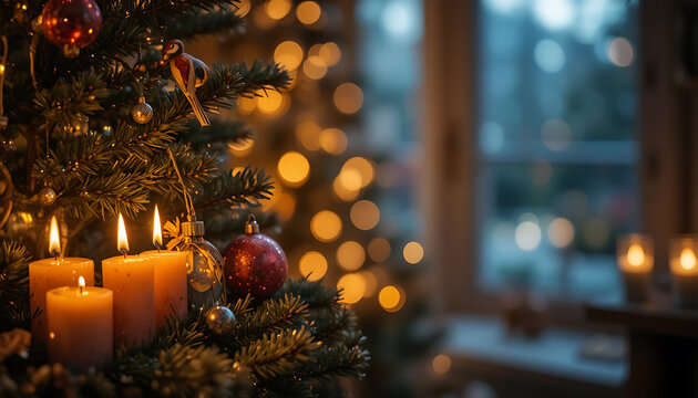 Decorated Christmas Tree with Candles and Ornaments in Warm Indoor Setting
