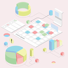 A charming vector abstract isometric illustration featuring a calendar, a to-do list, and data graphs. Every component is cleanly isolated on a transparent background
