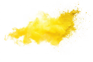 A explosion of yellow powder creates a dynamic visual effect against a clean white background. suitable for creative projects. advertisements. and artistic expressions