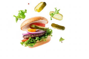 A delicious. freshly made hamburger with layers of lettuce. tomato. onion. and pickles. suspended in mid-air against a clean white background. its ingredients for culinary promotion