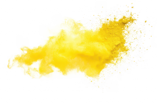 A explosion of yellow powder creates a dynamic visual effect against a clean white background. suitable for creative projects. advertisements. and artistic expressions