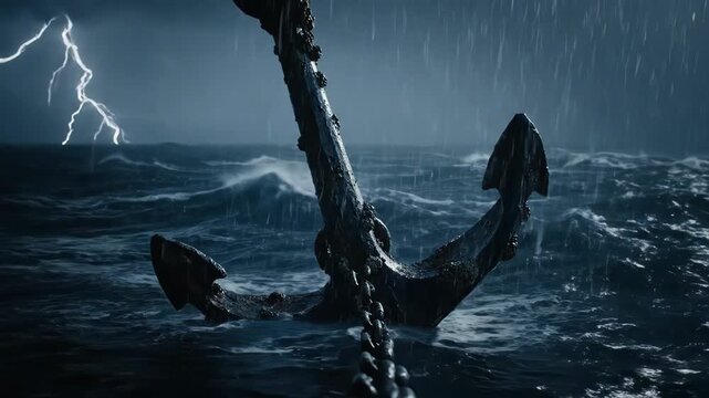 Heavy anchor standing firm in a turbulent ocean during a severe thunderstorm and heavy rain, symbolizing resilience, stability, and enduring challenging times