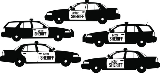 Retro sheriff police car silhouette vector illustration, vintage patrol vehicle collection, law enforcement transportation design for crime, security, and emergency service themes © SreeShontusChandra