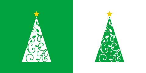 Logo con árbol de navidad con forma de triángulo sencillo con estrella y hojas con líneas y volutas para tarjetas y felicitaciones de Navidad © teracreonte
