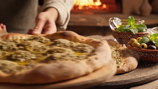 Manakeesh Flatbread with Za'atar and Olive Oil - Close up view of a freshly baked manakeesh flatbread, topped with a generous mixture of za'atar herbs, sesame seeds and olive oil, being carefully