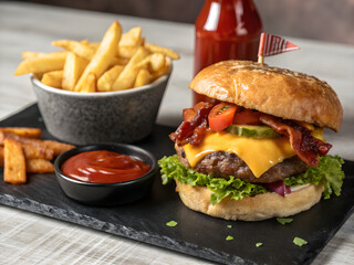 Generative Image - Juicy Cheeseburger with Crispy Fries and Ketchup on Slate Board under Studio Lighting