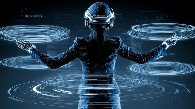 A woman engages with holographic displays and virtual interfaces in a modern tech environment designed for digital innovation